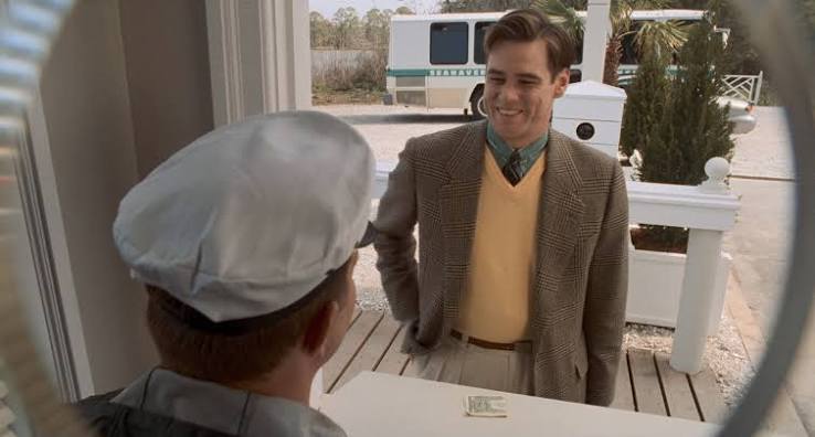 The Truman Show: Jim Carrey's Brown Plaid Jacket and Yellow Sweater » BAMF  Style