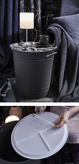 A Knodd Bin Is Topped With A Decorative Tray To Create A Side Table And Has A Lamp And Cup Of Coffee Resting On It Ikea Diy Side Table Diy End