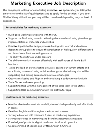 Marketing Executive Job Description | Velvet Jobs
