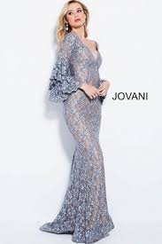 Silver Lace Plunging Neckline Mermaid Jovani Dress 57048 Jovani Dresses Long Sleeve Evening Gowns Gowns