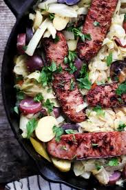 Serve with german potato salad. Chicken Apple Sausage Skillet With Cabbage And Potatoes Parsnips And Pastries