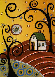 Green Roof 5x7inch Original Canvas Panel Painting Folk Art Landscape Karla G Whimsical Art Whimsical Paintings Folk Art
