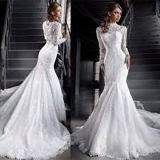 Modest Muslim Lace Wedding Dresses Illusion Long Sleeve High Neck Affordable Wedding Gown High Neck Long Sleeve Wedding Dress Long Sleeve Mermaid Wedding Dress