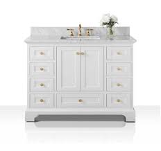 Bathroom with black and gold hardware. Ancerre Designs Vts Audrey 48 W Cw Gd Audrey 48 Inch Bath Vanity Set In White With Italian Carrara White Marble