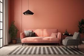 a living room with a pink sofa and a