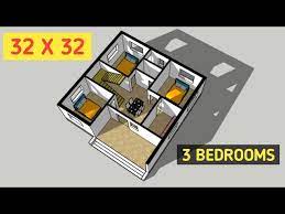 32x32 House Plan With 3 Bedrooms 3d
