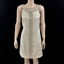 Tibi Raw Silk Tan Wood Beaded Crystal Trim Dress Size 6