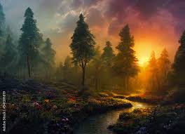 colorful sunset forest scenery with