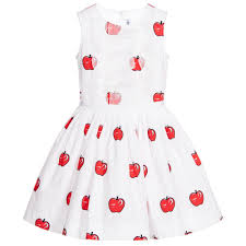 White Cotton Dress With Red Apples Silk Ruffles Simonetta