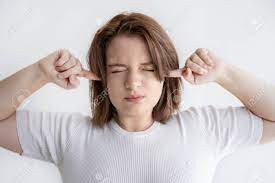 Young Woman Closing Eyes And Plugging Ears With Fingers. Stressed Woman  Tired Of Bad News. Too Much Information Concept Stock Photo, Picture And  Royalty Free Image. Image 109488136.