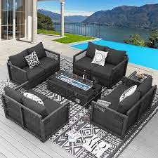 Nicesoul Modern 6 Piece Gray Wicker Patio Frie Pit Deep Sectional Seating Sofa Set With Ultra Thick Gray Cushions