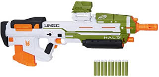 It includes plenty of darts and is easier to carry with its included shoulder strap. Amazon Com Nerf Halo Ma40 Motorized Dart Blaster Includes Removable 10 Dart Clip 10 Official Elite Darts And Attachable Rail Riser Toys Games