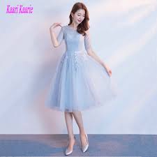 Us 65 55 5 Off Elegant Light Blue Prom Dresses Short 2019 Cheap Prom Dress Scoop Tulle Half Sleeve Lace Up Tea Length Women Party Gown Evening In