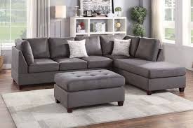 Poundex 3 Piece Fabric Sectional Sofa Set With Ottoman Grey