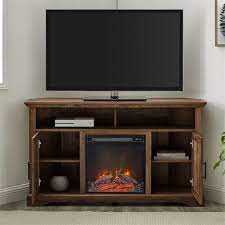 Coastal Grooved Door Fireplace Corner Tv Stand For Tvs Up To 60 In Rustic Oak