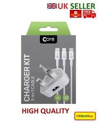 core usb charger 3 pin uk mains wall