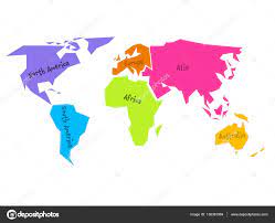 簡易世界地図は、異なる色で六つの大陸に分かれています。単純なフラット ベクトル図. — ストックベクター ©pyty 136381984