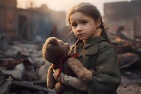 Una niña con un oso de peluche de juguete para niños se encuentra en medio  de una casa dañada por la guerra ia generativa | Foto Premium