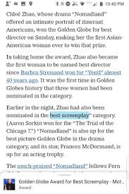 Based on the book by jessica bruder. The New York Times On Twitter Chloe Zhao Wins Best Director For Nomadland At The Goldenglobes She S The First Woman To Win The Category In Almost Four Decades Https T Co Fkay5ecmn4 Https T Co Xy8itxmaed