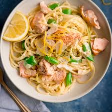 pan fried salmon and spaghetti with