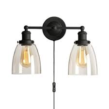 2 Lights Cone Wall Mounted Lighting Retro Loft Style Clear Glass Shade Wall Sconce In Black With Plug In Cord Susuohome Com