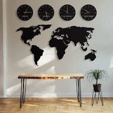 Metal World Map And Clocks Wall Art