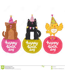 Happy Birthday Labels With Cat Dog And Bird Stock Vector