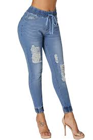 Light Blue Denim Mode Distressed Jogger Pants For Women Lc786034 4 30 96 Dailyshee Com
