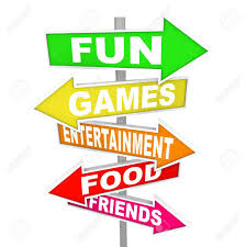 The Words Fun, Games, Entertainment, Food And Friends On Several Colorful  Directional Arrow Signs Pointing You To Events And Activities For Having A  Good Time With Recreation And Festivities Stock Photo, Picture