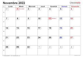 Calendrier novembre 2022 Excel, Word et PDF - Calendarpedia