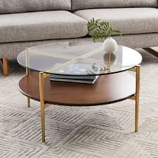 Art Display Round Walnut Glass Coffee Table