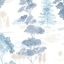 Watercolor Forest Blue Beige Wallpaper