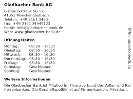 Bic (bank identifier code) und bankleitzahl (blz) von deutsche bank mit sitz in 41061 mönchengladbach nachschlagen. á… Offnungszeiten Gladbacher Bank Ag Bismarckstrasse 50 52 In Monchengladbach