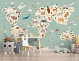 Map Kids Room Wallpaper Green