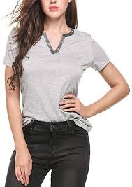 Angvns Casual V Neck Short Sleeve Patchwork Pullover Basic T