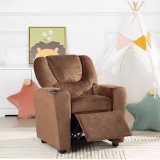 homestock recline relax rule kids comfort chions push back kids recliner chair with footrest cup holders brown