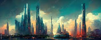cyberpunk town at evening futuristic