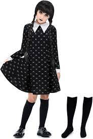 Amazon.com: Girls Wednesday Addams Costume Dress with High Socks Printed  Skull Kids Family Halloween Costumes Long Sleeve Black Cosplay Party ZW012S  : Clothing, Shoes & Jewelry