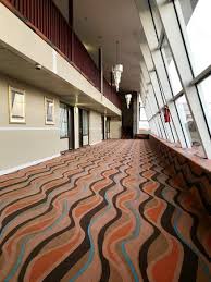 lobby of hotel with psychedelic carpet