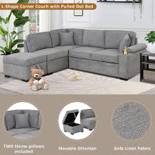 nestfair 87 4 in gray linen upholstered l shaped sleeper sofa bed with pull out bed and storage ottoman