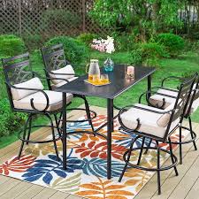 Phi Villa 5 Piece Metal Outdoor Patio Bar Height Dining Set With Rectangle Table With Beige Cushions