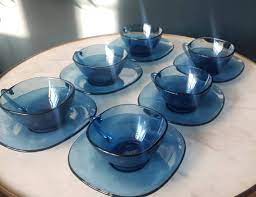 70 S Blue Vereco Glass Cups And Saucers