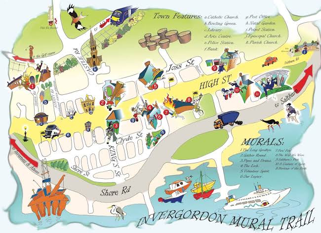 Mappa ufficiale dell'Invergordon Mural Trail, generata con l'AI
