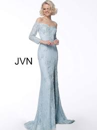 Jvn68602 Light Blue Off The Shoulder Lace Evening Dress