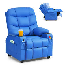 costway kids youth recliner chair pu leather w cup holders side pockets blue