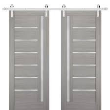 Sartodoors Sy Double Barn Door 72 X 84 Inches With Frosted Glass Quadro 4088 Grey Ash Stainless Steel 13ft Rail Hangers Heavy Set Solid Panel Interior