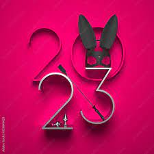 Creative 2023 New Year design template with BDSM elements: a rabbit mask, a  leather whip and anal plugs. Stock Illustration | Adobe Stock
