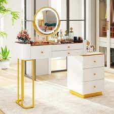 fufu a white wood big makeup vanity table dressing desk with gl top dimmable led lighted mirror 6 drawers