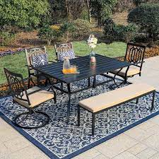 Phi Villa Black 6 Piece Metal Patio Outdoor Dining Set With Slat Rectangle Table And Fashion Chairs With Beige Cushion
