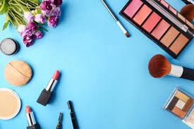 top view of cosmetics set for makeup on